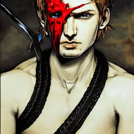 Image similar to portrait of a young white hero using his right arm to hold his sword covering his eye by yoji shinkawa, high quality, extra details, realism, ornate, colored, golden chain, blood, white skin, short hair, brown eyes, vivid, sunlight, dynamic, american man, red headband, white american soldier, painting, cybernetics, military