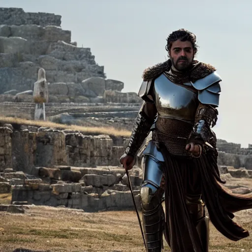 Image similar to oscar isaac in armor playing achilles, ancient city in background, ultra detailed, realistic, photography, movie poster