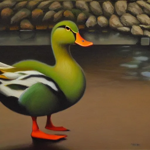 Prompt: a duck on the prowl oil painting victor fota