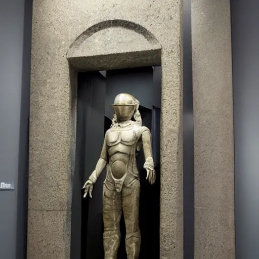 Image similar to futuristic ancient astronaut arrived through a portal, ancient statue in museum