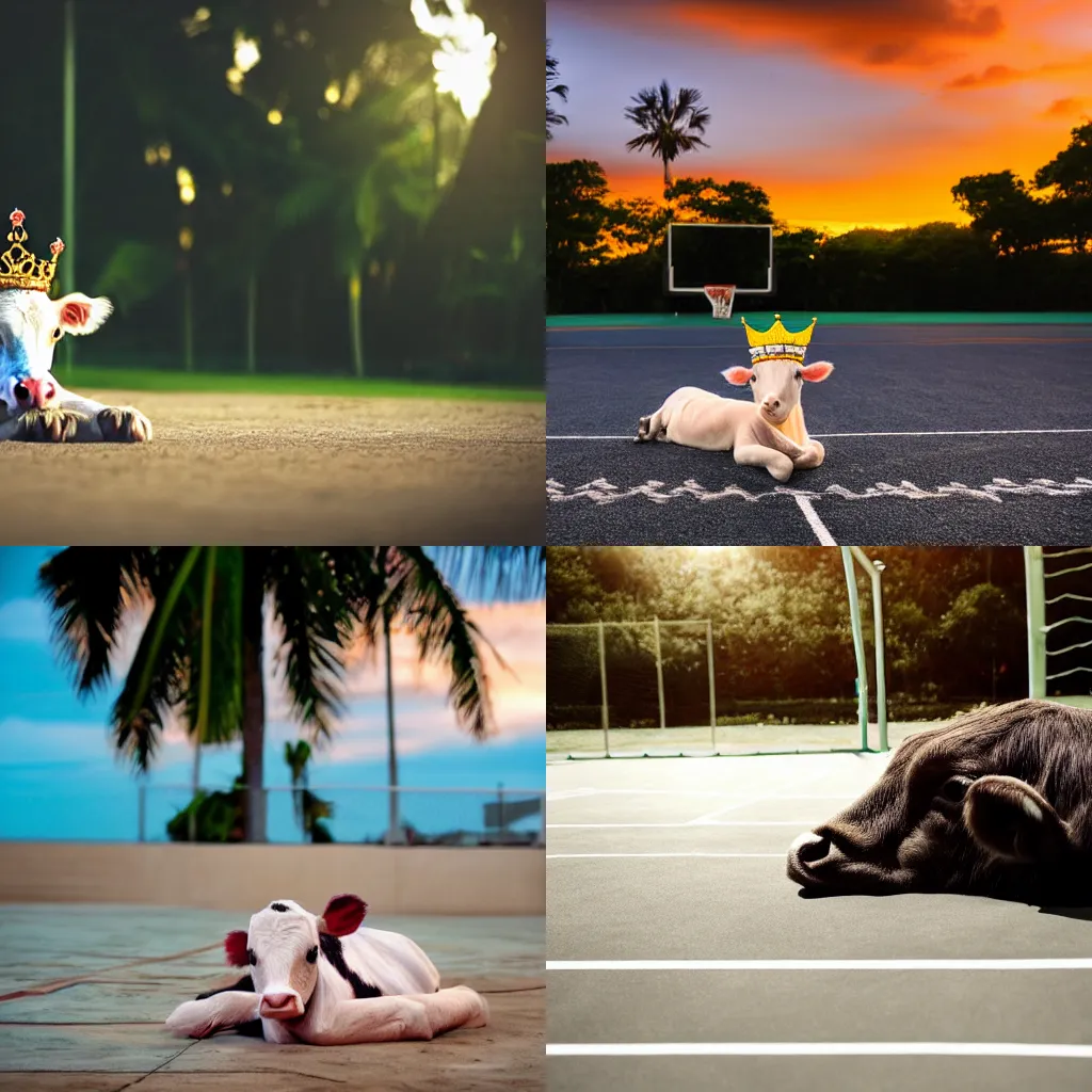 calf wearing a crown sleeping in a basketball court, Stable Diffusion