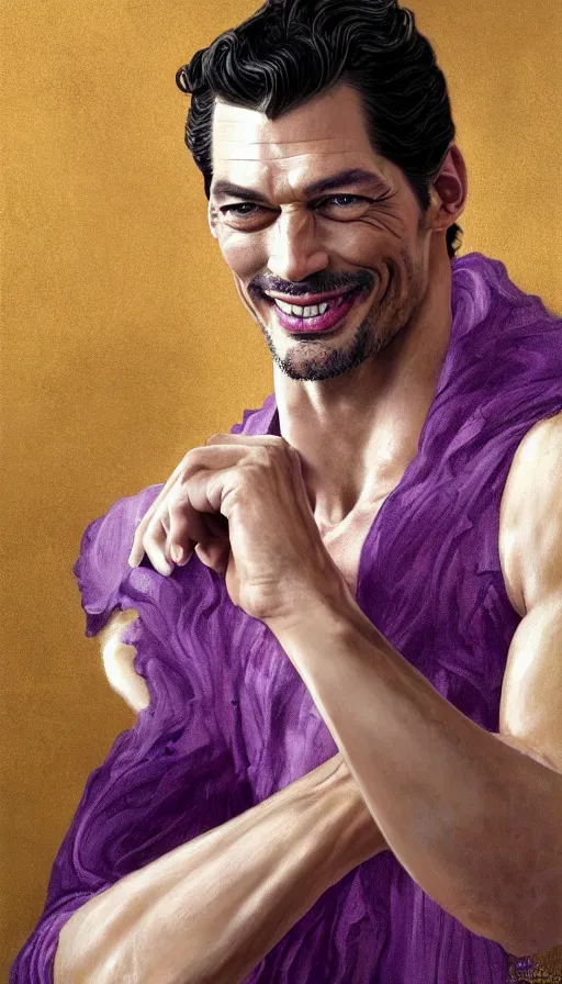 Image similar to david gandy, charming, rich viscount, laughing, fit, cunning, robe, gold and purple, warhammer, lord of the rings, sweaty, intricate, highly detailed, digital painting, artstation, concept art, smooth, sharp focus, illustration, unreal engine 5, 8 k, art by artgerm and greg rutkowski and alphonse mucha