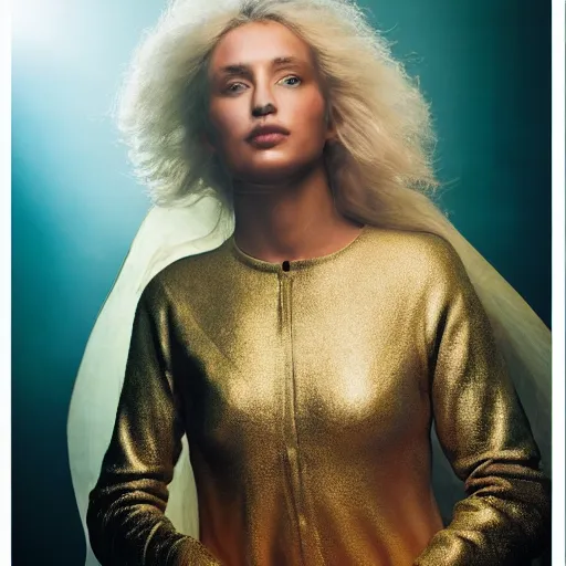 Prompt: a beautiful photographic shot of saga gold saint of gemini, beautiful natural light failling on her face, by annie leibowitz