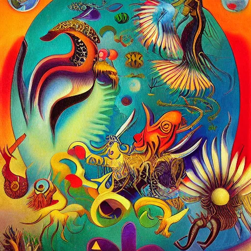 Image similar to strange mythical beasts of whimsy, surreal oil painting by Ronny Khalil and Kandinsky, drawn by Ernst Haeckel, as an offering to Zeus