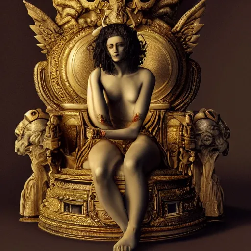 Image similar to dark concept art of a goddess made of gold dust under a red moon, she is sitting on her throne made of human skulls, in the art style of vittorio reggianini, emil melmoth, full body, extremely detailed, 8 k
