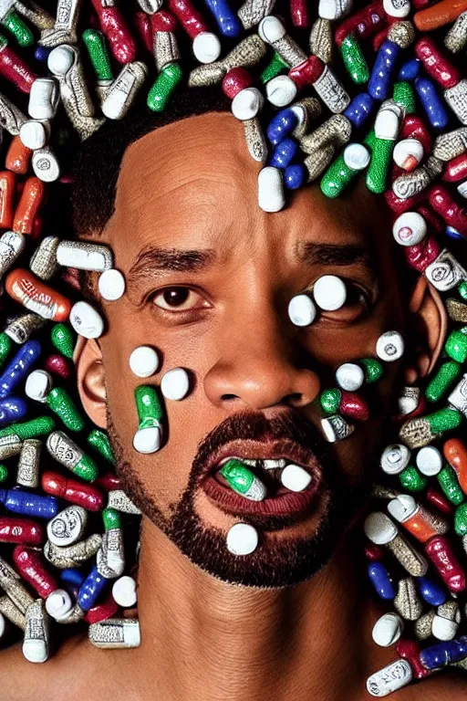 Image similar to will smith made out of pills, human face made out of pills, professional food photography