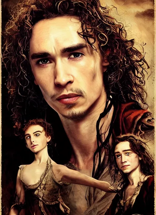 Image similar to a beautiful painting portrait movie poster of Robert Sheehan in Pirates of the Carribean 6, matte painting, fantasy art, dark but detailed digital art, highly detailed, a masterpiece trending on artstation. Robert Sheehan as a young but messy pirate and layabout in this HD preview poster