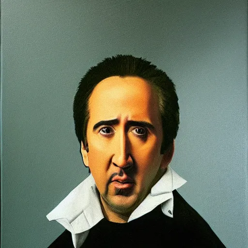 Image similar to highly detailed oil painting of nicolas cage inside of a banana, 4 k, in the style of caravaggio and dali
