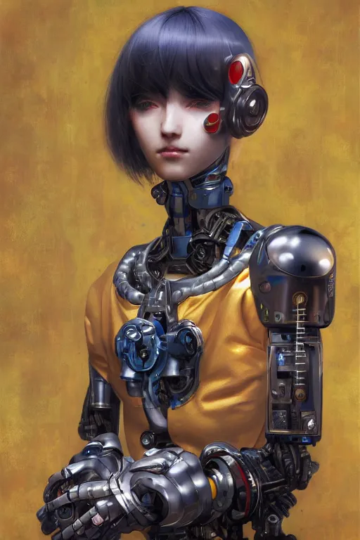 Prompt: portrait of beautiful young robot, cyberpunk, Warhammer, highly detailed, artstation, illustration, art by Gustav Klimt and Range Murata and Ilya Kuvshinov and Sakimichan