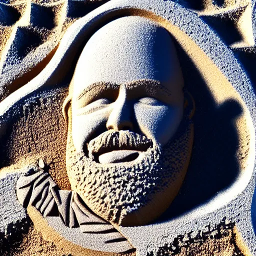 Prompt: sand sculpture of bob ross, on a busy beach, highly detailed, photograph, 5 0 mm f 1. 4, bright sunlight