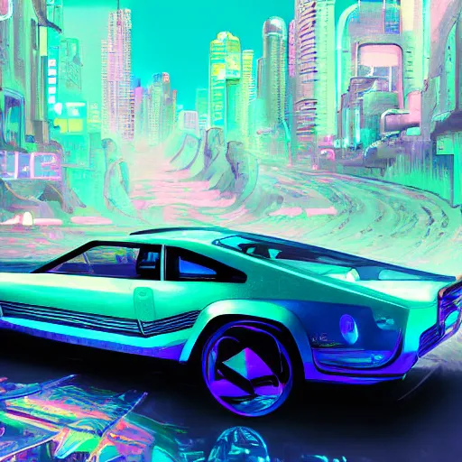 Prompt: vaporwave and retro 80's, car with holographic paint, pearlescent, elegant, digital painting, concept art, smooth, sharp focus, art style from Wang Ke and Greg Rutkowski and Bruce Kaiser and Scott Robertson and Dmitry Mazurkevich and Doruk Erdem and Jon Sibal, small style cue from Cyberpunk 2077