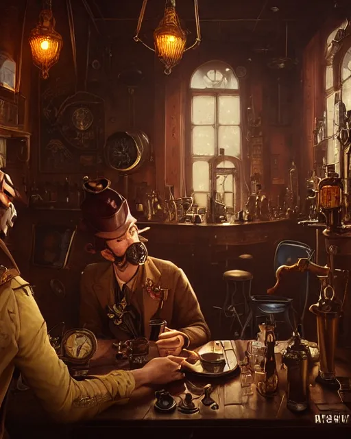 Image similar to highly detailed surreal vfx portrait of a steampunk cowboy in a steampunk saloon, stephen bliss, unreal engine, greg rutkowski, loish, rhads, beeple, makoto shinkai and lois van baarle, ilya kuvshinov, rossdraws, tom bagshaw, alphonse mucha, global illumination, detailed and intricate environment