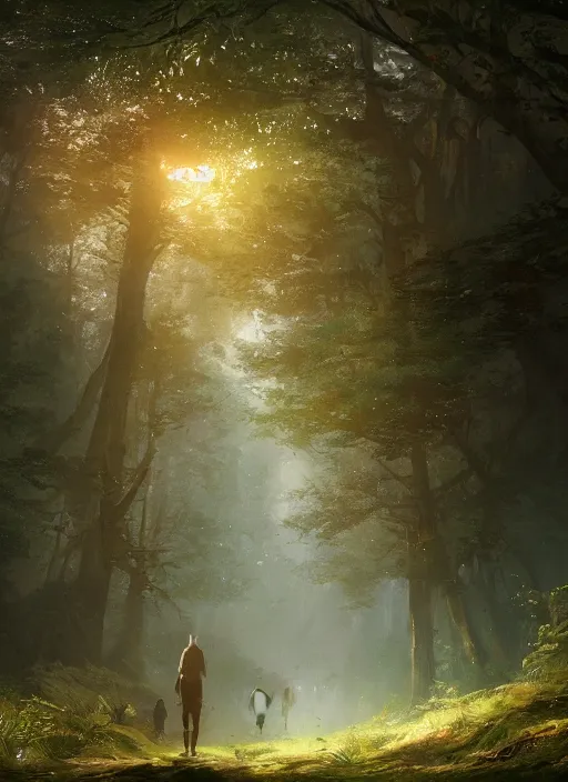 Image similar to a man walking through a forest with a horse, a detailed matte painting by jordan grimmer, cgsociety, fantasy art, matte painting, 2 d game art, volumetric lighting