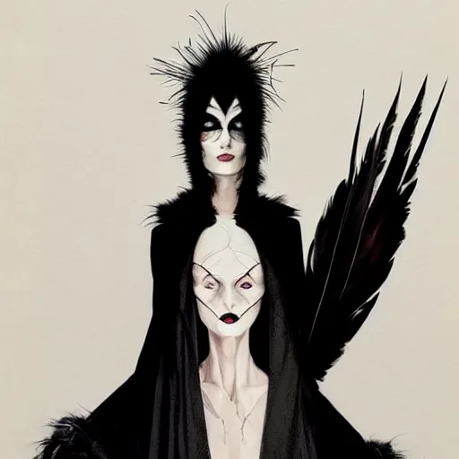 Image similar to portrait soft light, goth woman as mysterious supervillain in black hooded cloak and modestly clothed victorian goth, black feathers instead of hair, black wings instead of arms, gray mottled skin, black feathers growing out of skin, transforming, by frank mccarthy and conrad roset, inspired by flash gordon, paintbrush, rough paper, fine,