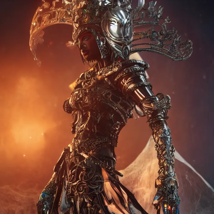 Prompt: mystical evil android queen with obsidian eyes, wearing an elaborate helmet, fashion shoot, octane render, 8 k, unreal engine, by todd mcfarlane and artgerm and greg rutkowski and alphonse mucha