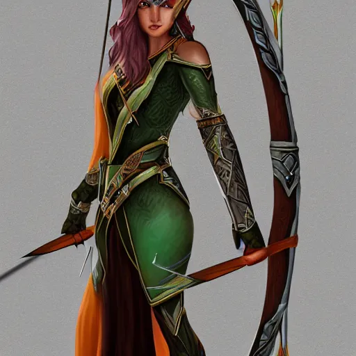 Prompt: elven archer with bow and cape and fire arrows, high quality, detailed, trending on artstation