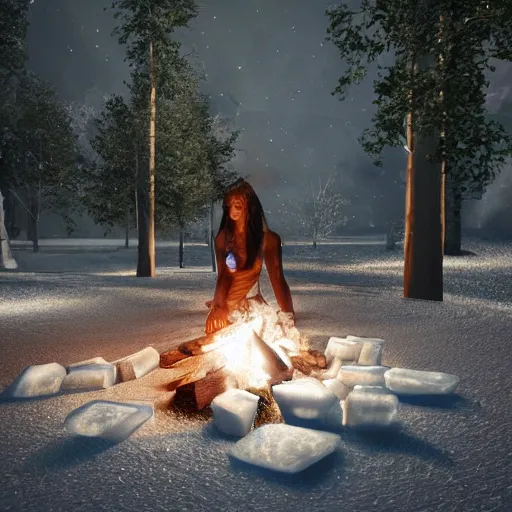 Image similar to a beautiful woman made out of crystal ice sitting by a campfire and slowly melting, by iris van herpen, unreal engine 5, outdoor campfire pit