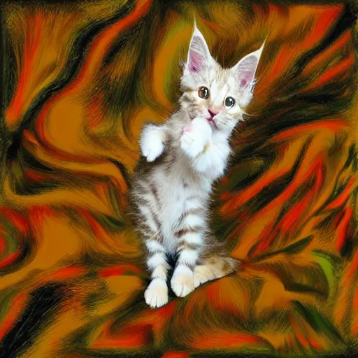 Image similar to a cream - colored maine coon kitten, digital art, by david schluss, colorful, gestural painting, abstract expressionists, jackson pollock, willem de kooning. energy influenced by both nature and music