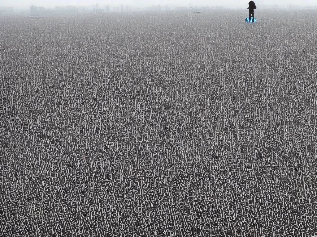 Prompt: ' the center of the world'( ai weiwei huge field of steel bicycles stretching into the distance ) was filmed in beijing in april 2 0 1 3 depicting a white collar office worker. a man in his early thirties - the first single - child - generation in china. representing a new image of an idealized urban successful booming china.