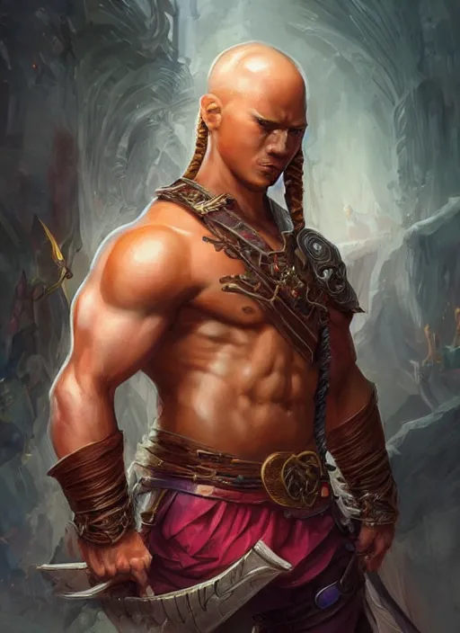 Image similar to muscly asian man mid parted hair, dndbeyond, bright, colourful, realistic, dnd character portrait, full body, pathfinder, pinterest, art by ralph horsley, dnd, rpg, lotr game design fanart by concept art, behance hd, artstation, deviantart, hdr render in unreal engine 5