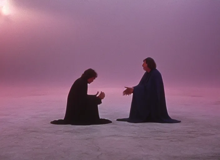 Image similar to screenshot portrait of Luke skywalker kneels before a strange jedi oracle in a foggy pink land. still from the 1983 film directed by Alejandro Jodorowsky. holy mountain, Photographed with Leica Summilux-M 24 mm lens, ISO 100, f/8, Portra 400