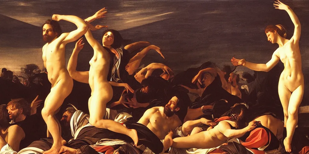 Image similar to beautiful oil matte portrait painting, people dancing among the clouds, flying in the sky, wonderful masterpiece highly detailed, beautiful cinematic light deep focus, elegant, digital painting, smooth, sharp focus, golden ratio, dramatic illumination, ultra realistic, 8 k, art by giovanni bellini and caravaggio