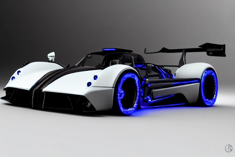 Image similar to cyberpunk pagani concept inspired car, futuristic look, highly detailed body, aerodynamic body, photorealistic camera shot, bright studio setting, studio lighting, crisp quality and light reflections, unreal engine 5 quality render