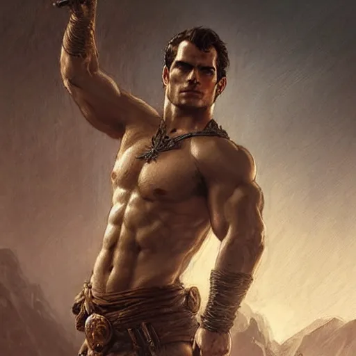 Image similar to Henry Cavill is a rugged ranger, D&D, muscular, bare thighs, fantasy, intricate, elegant, highly detailed, digital painting, artstation, concept art, smooth, sharp focus, illustration, art by artgerm and greg rutkowski and alphonse mucha