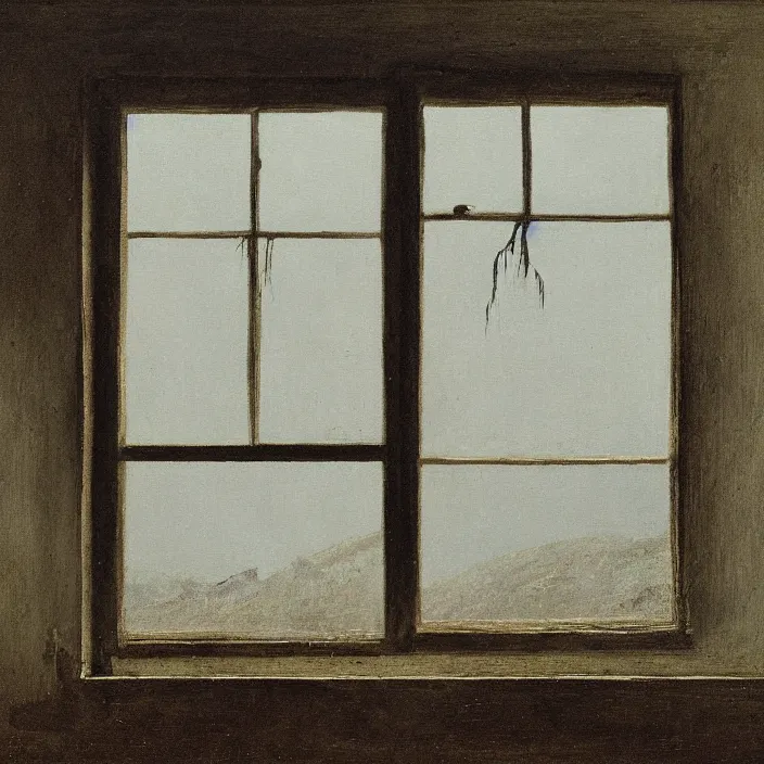Image similar to painting of a broken window with the bloody hand of a female ghost by caspar david friedrich