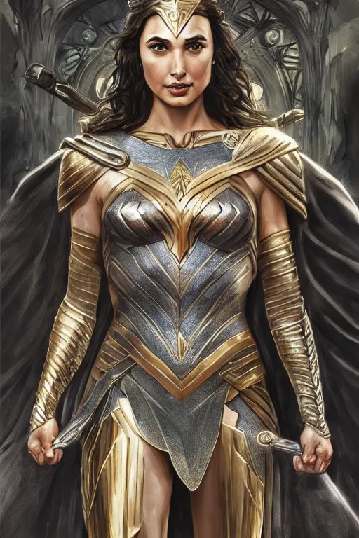 Prompt: Gal Gadot as the Queen of the Amazons, cute, fantasy, intricate, elegant, highly detailed, digital painting, 4k, HDR, concept art, smooth, sharp focus, illustration, art by artgerm and H R Giger and alphonse mucha