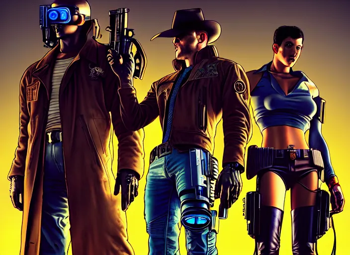 Image similar to cyberpunk gunslingers, gunmen, and bounty hunters. portrait by stonehouse and mœbius and will eisner and gil elvgren and pixar. character design. realistic proportions. cyberpunk 2 0 7 7 character art, blade runner 2 0 4 9 concept art. cel shading. attractive face. thick lines. the team. diverse characters. artstationhq.