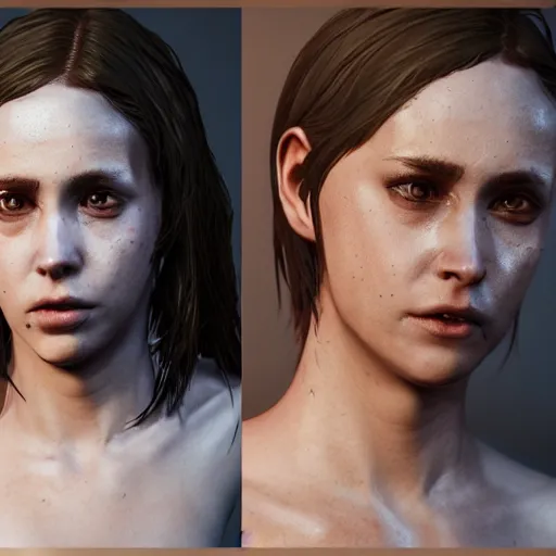 Image similar to character design of a female protagonist of a horror game, unreal engine, cgsociety, detailed, cinematic, hyperrealistic, blender