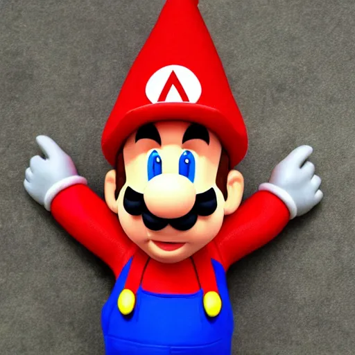 Prompt: claymation mario in a gnome costume, nintendo, mushrooms