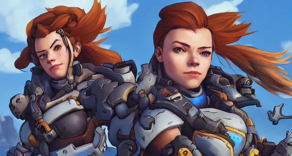 Image similar to overwatch, brigitte, horizon zero dawn, aloy, digital art