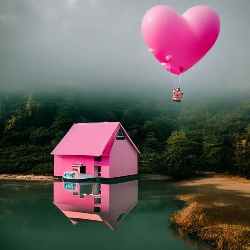 Image similar to a 5 0 mm lens photograph of a cute pink floating modern house, floating in the air between clouds, inspired by the movie up, held up from above by heart ballons. mist, playful composition canon, nikon, award winning, photo of the year