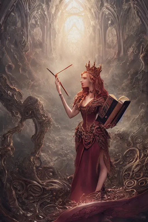 Image similar to painting the world as a queenwearing a crown and holding a book and a quill by artgerm and wlop and scott fischer and seb mckinnon, digital art, highly detailed, wide shot, intricate, fantasy, mystical, sharp focus, Trending on Artstation HQ, deviantart, unreal engine 5, 4K UHD image
