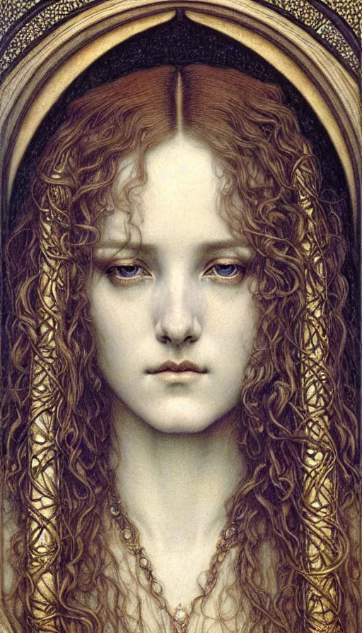 Image similar to detailed realistic beautiful young medieval queen face portrait by jean delville, gustave dore and marco mazzoni, art nouveau, symbolist, visionary, gothic, pre - raphaelite. horizontal symmetry