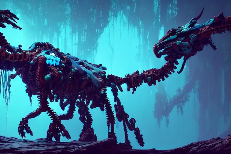 Image similar to a hyper detailed cyan fanghorn evangelion realistic mechanical and organic creature similar look as horizon forbidden west horizon zero dawn, bioluminiscence in a dark deep forest at dawn in spring, with reflection and textures, by kilian eng, substance painter reaslitic mech surface metal painted scratches,