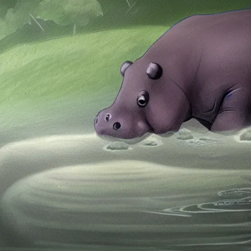 Image similar to sad hippo waking up in a beautiful river landscape, drawn by brigette barager, trending on artstation