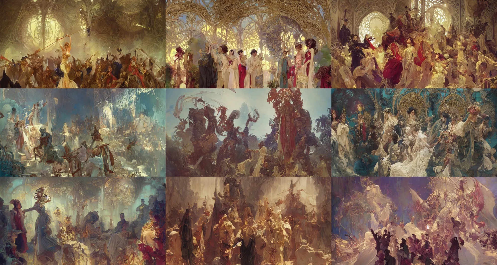 Prompt: coronation ceremony, art nouveau, fantasy, art by joseph leyendecker, peter mohrbacher, ivan aivazovsky, ruan jia, reza afshar, marc simonetti, alphonse mucha