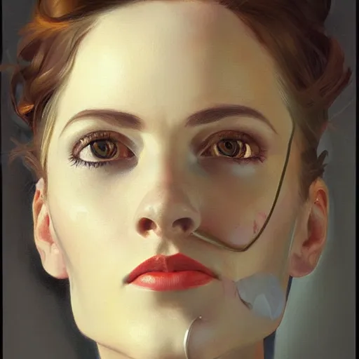 Prompt: beautiful painting portrait of desperated woman with face connected to the complex machine by leyendecker, detailed, award - winning art, trending on artstation