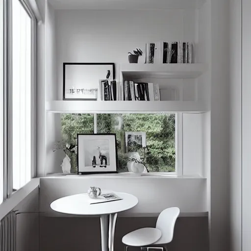 Image similar to “minimalistic alcove with white walls and small table and chair, the table and chair are white, there is a bay window in the alcove and outside the window is a snowstorm. Soft lighting. Photorealistic. Ultra HD. In the style of an interior design magazine spread”