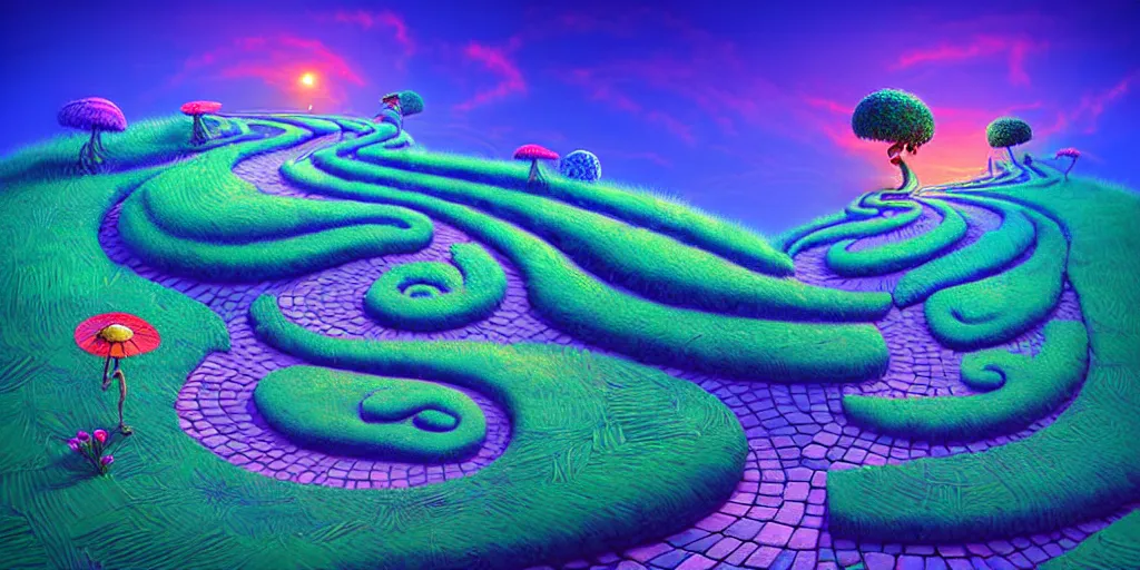 Prompt: blue hour, curled perspective digital art of spiral clouds cobblestone street with wildflowers top of a hill with spiral palmtrees by anton fadeev from nightmare before christmas. horton hears a who!