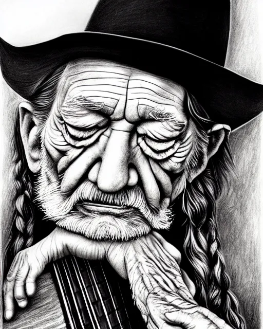 Image similar to a photorealistic portrait of willie nelson hugging his guitar, in the style of salvador dali, pencil drawing, hyperrealist