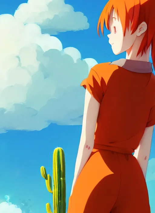 Image similar to portrait of cute redhead girl in orange jumpsuit with fox ears, holding a cactus, cloudy sky background lush landscape illustration concept art anime key visual trending pixiv fanbox by wlop and greg rutkowski and makoto shinkai and studio ghibli