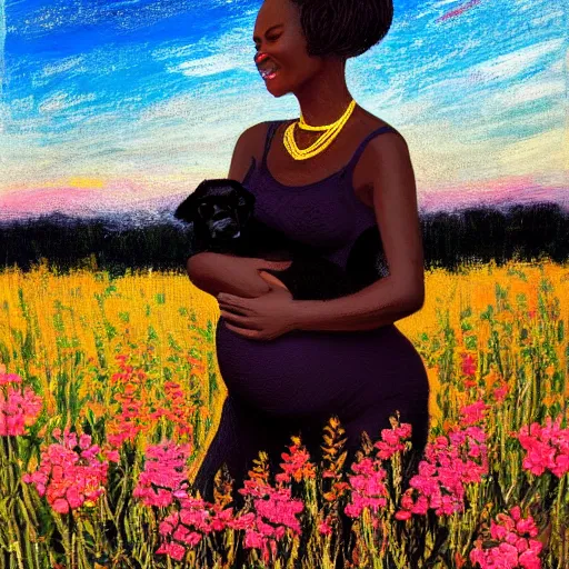 Prompt: a pregnant east african woman with her black puppy in a vast field of flowers, looking off into the sunset, relaxing, wide shot, golden hour, vintage, impressionist painting, fine art, oil painting, dreamy, pastel, laughing, happy, intricate details, sharp, peaceful, serene