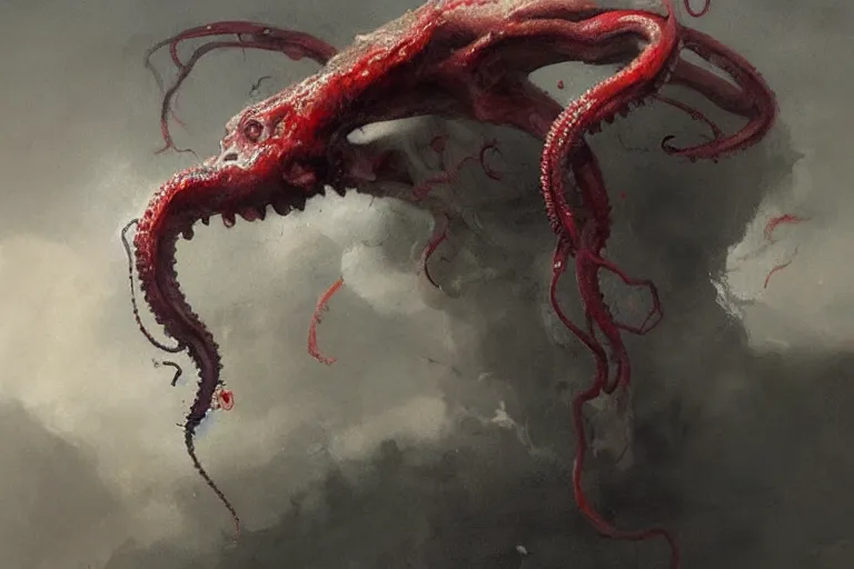 Image similar to painting by greg rutkowski of a flying human head and face that is chalk white in color, with tentacles coming of the neck, red eyes, flying in a terrying hell like cavernous place