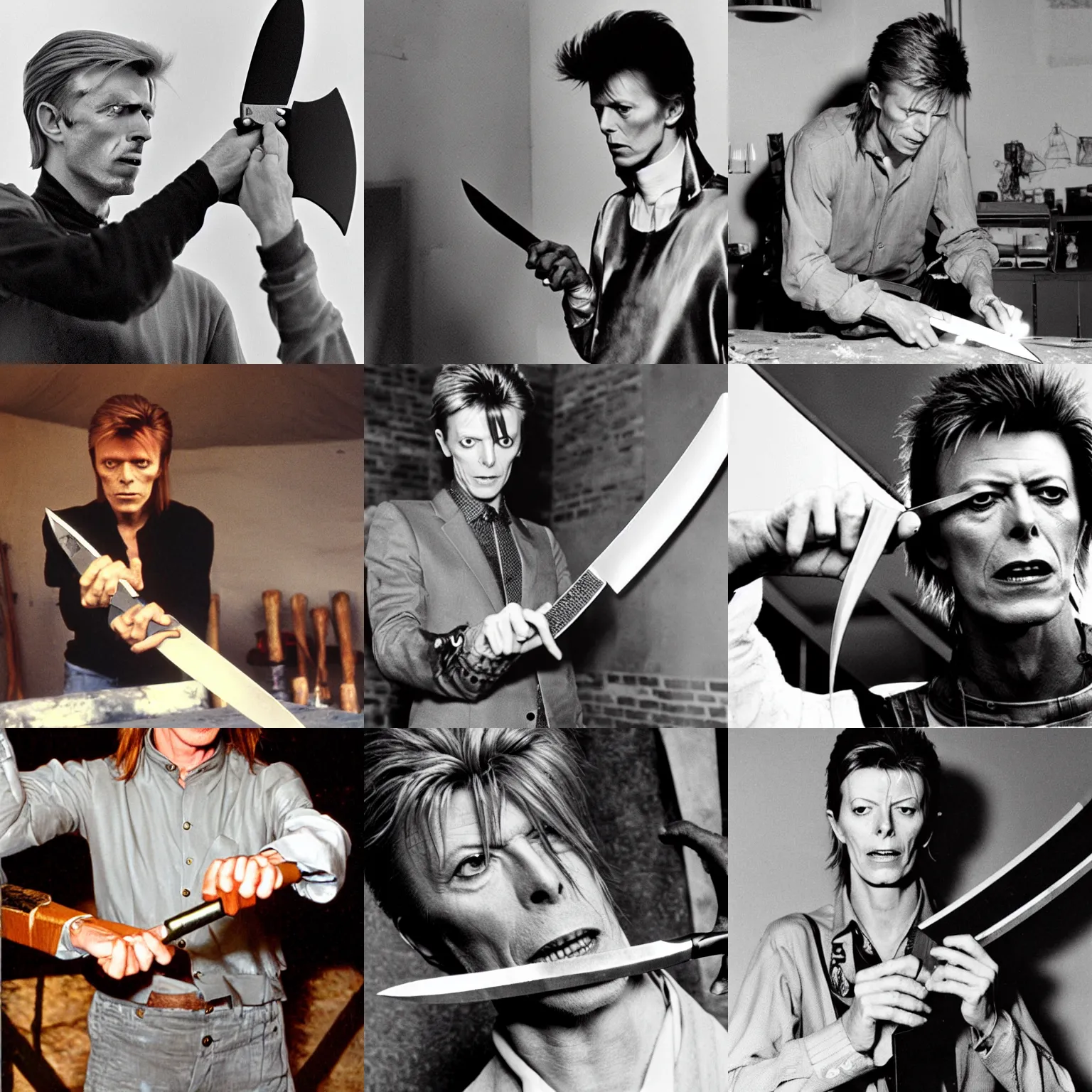 Prompt: David Bowie forging a Bowie knife