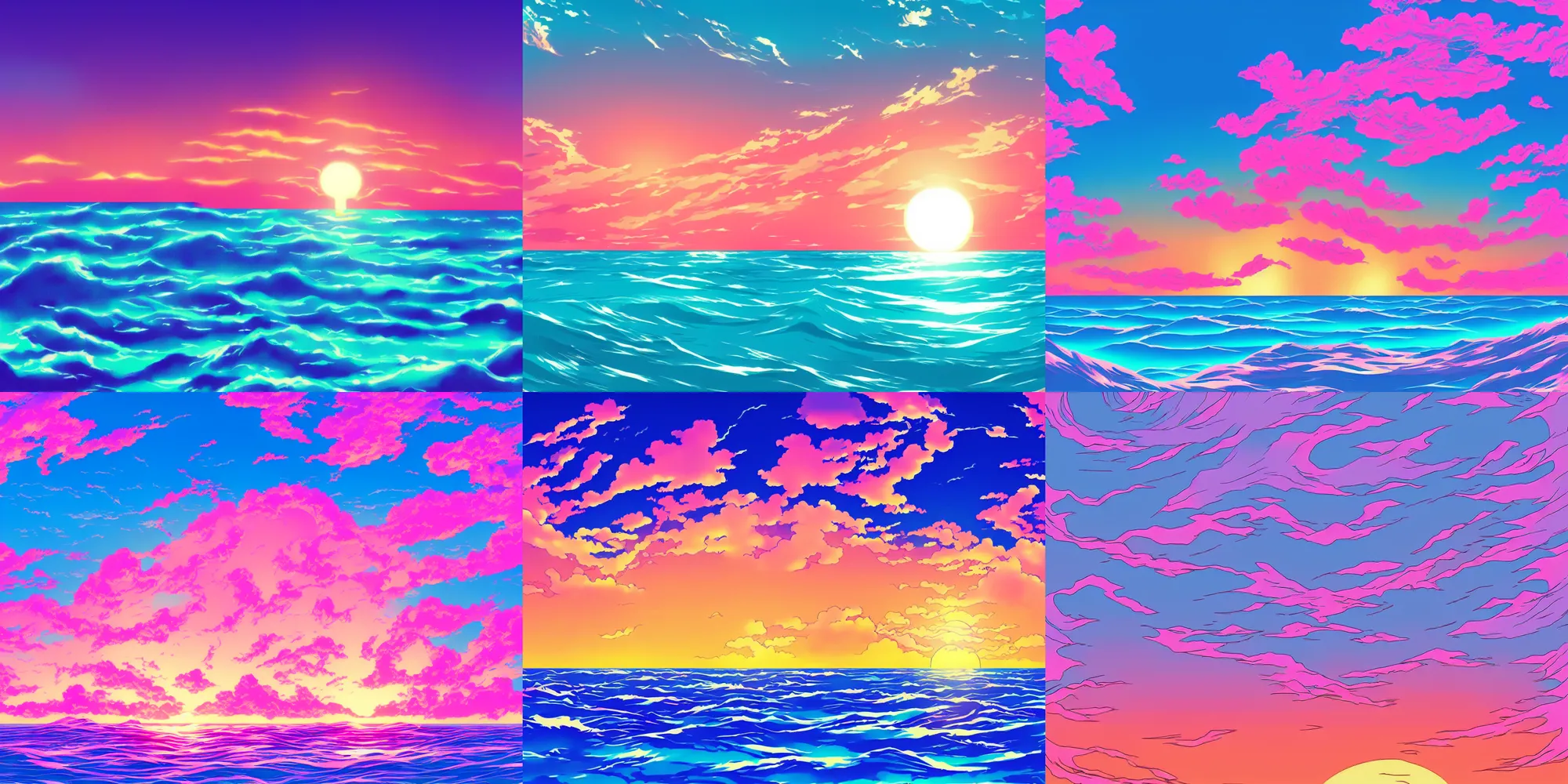 Prompt: a vaporwave style ocean sunset, beautiful, anime manga style, illustration, aesthetic