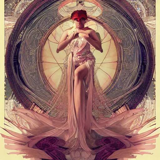 Prompt: deco art, goddess, taoism, garce, elgent, wings, fantasy, line art, rimming light, close - up / medium shot, artgerm lau, greg rutkowski, alphonse mucha